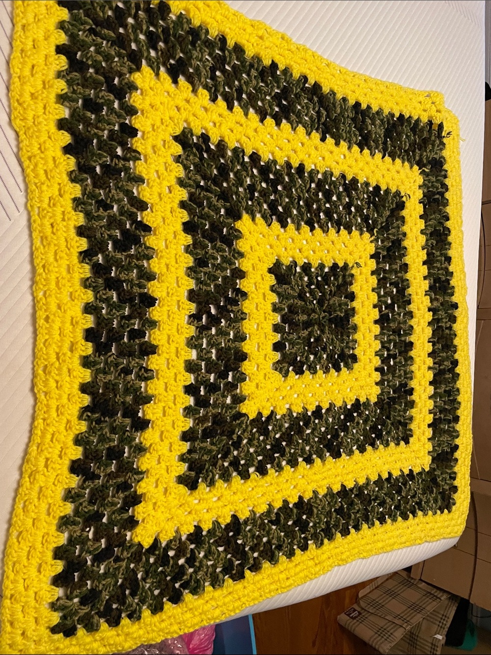 36” Handmade Yellow and Olive Crochet granny Square Throw